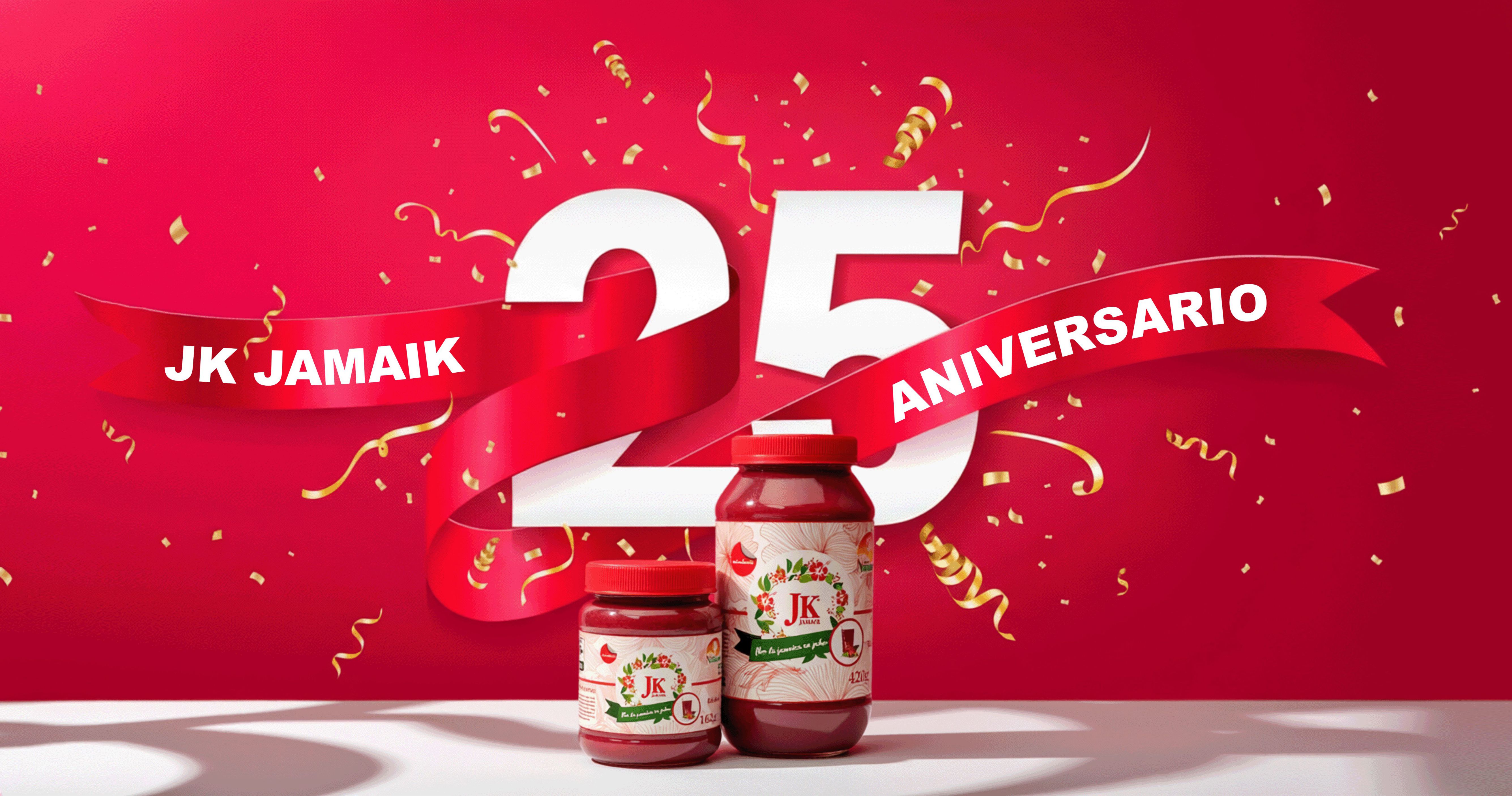 JK JAMAIK 25 Aniversario con dos tarros y confeti.